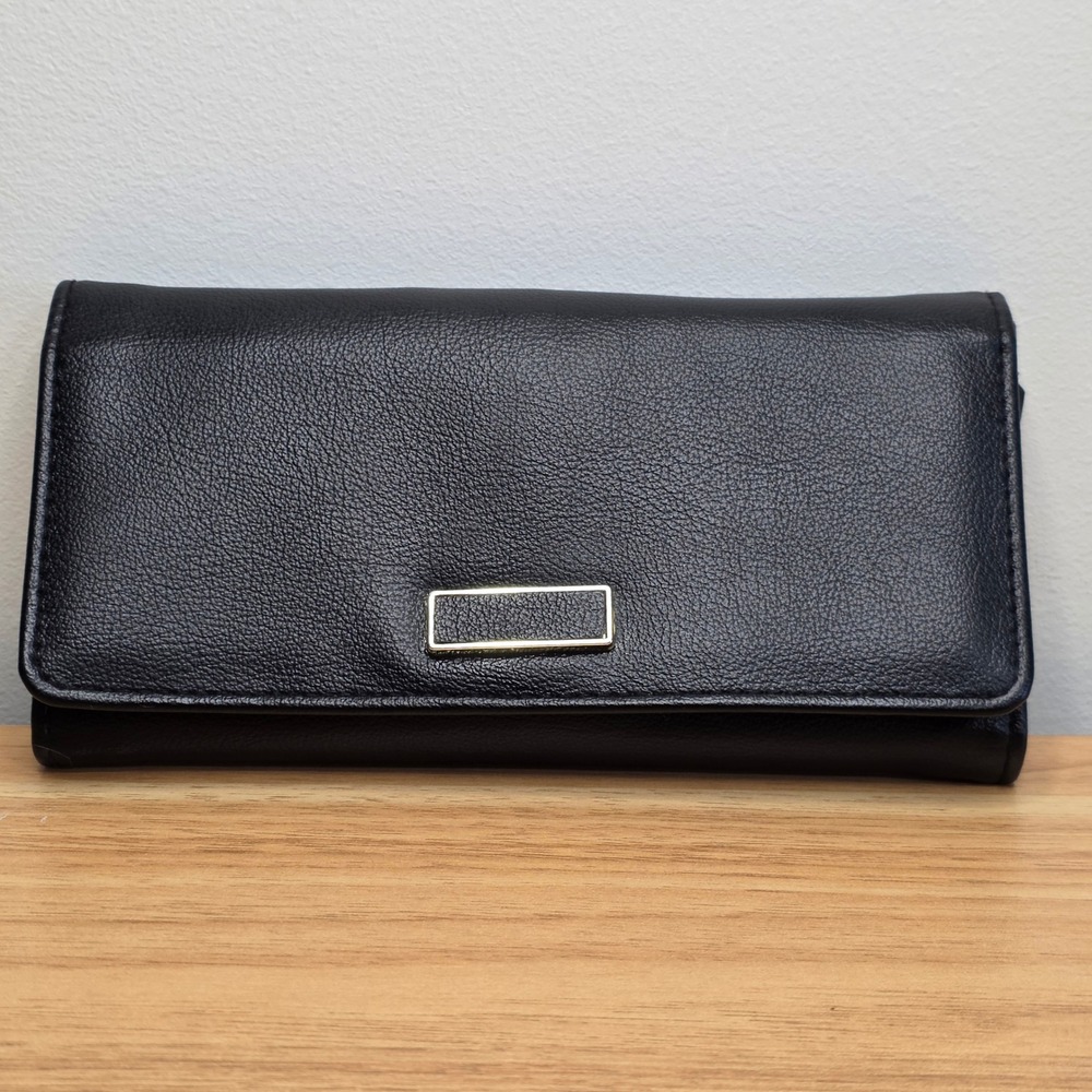 Black Faux Leather Tri Fold Wallet with Gold Accent and Zip Pocket